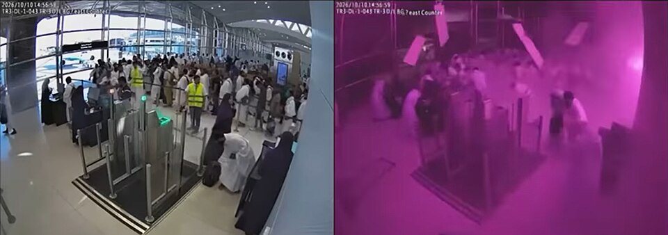 Security camera footage captures the moment strikes hit King Khalid International Airport in Riyadh, Oct. 10, 2026.