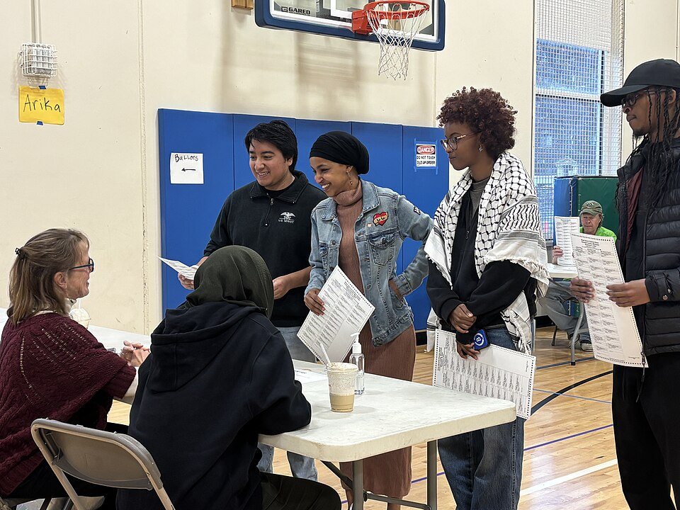 FILE PHOTO: Rep. Ilhan Omar votes at her polling place in Minneapolis on Election Day, November 2024.