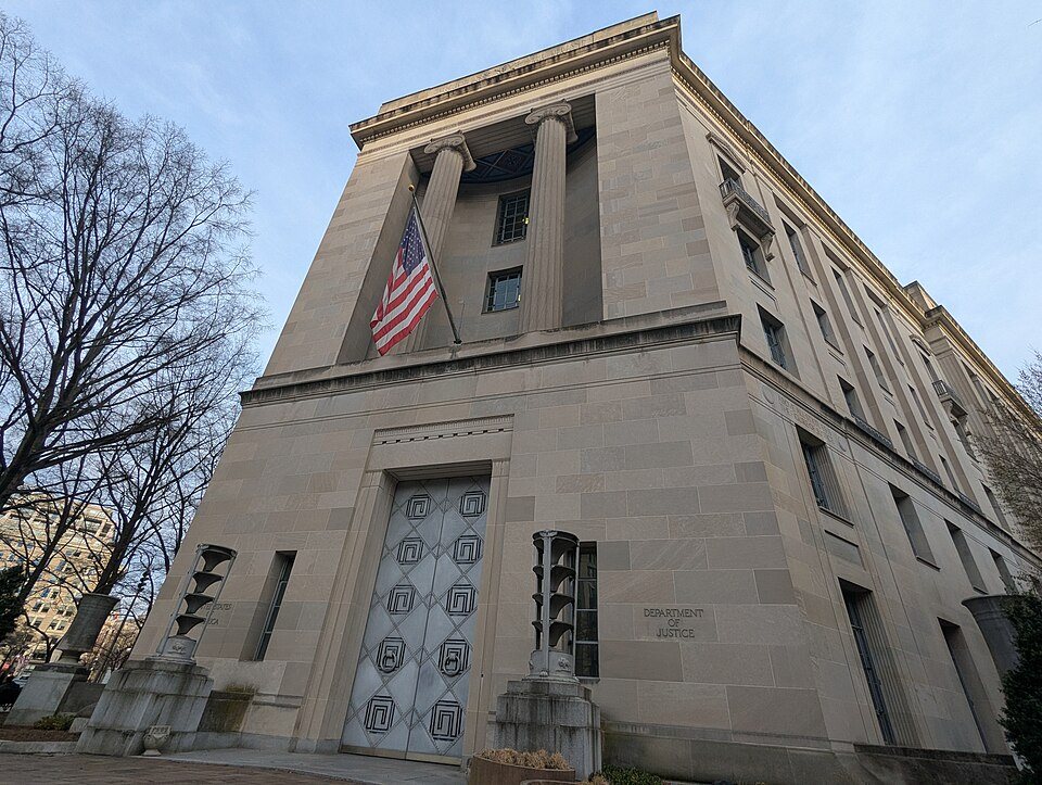 FILE PHOTO: Exterior door of the Robert F. Kennedy Department of Justice Building in Washington, photographed in March 2025.